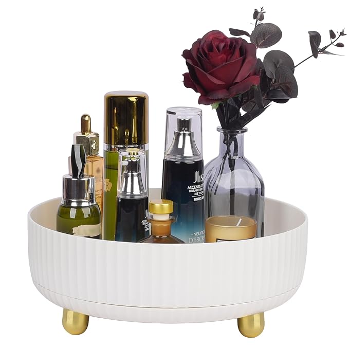 360 Rotating Makeup Perfume Organizer Skincare Tray, Large Ivory White | 360 Degree Spinning Lazy Susan Organizer Lotion Cosmetics Storage for Dresser, Vanity, Bathroom Countertop