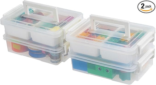 IRIS USA Storage Bins with Lids |Made in USA| 1 Qt - (2-Pack) - White | Built-In Handle Tote / 2 Removable Organization Trays / Plastic Containers for Crafts & Art Supplies / Interlocking Latches