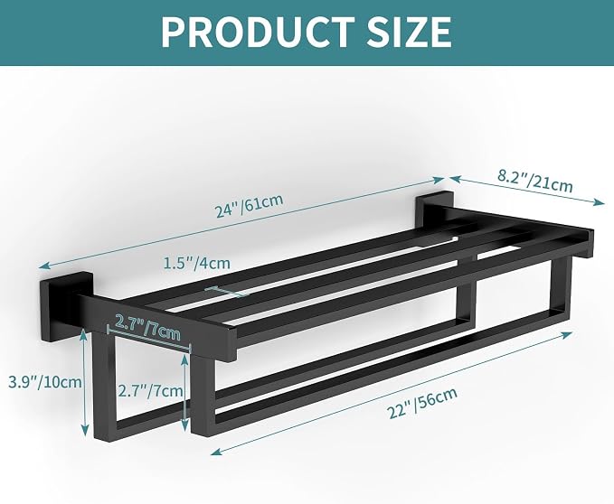 STWWO Towel Racks for Bathroom Wall Mounted, 24 Inch Black Double Towel Bar | Dual Towel Rack with Shelf, Double Towel Bar with Shelf, Stainless Steel Hand Towel Hanger, Bath Towel Holder for Wall
