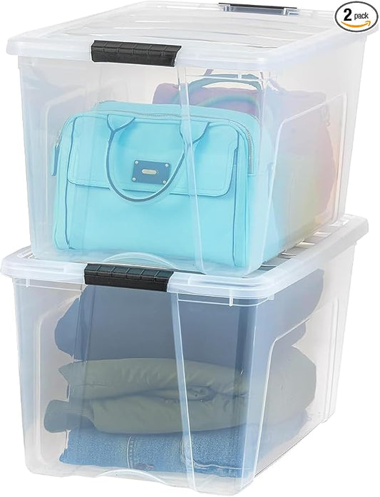 IRIS USA 2-Pack 72 Quart Storage Bins with Lids | Transparent design makes contents easy to find. Perfect for moving, blankets, clothing, and garage storage. Nestable design
