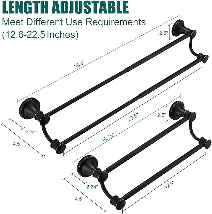 Hoimpro Adjustable Retractable 15-27 Inches Stainless Steel Bathroom Towel Bar, Bathroom Accessories Bath Hotel Double Towel Bar Rod Hanger Wall Mounted Towel Holder Towel Rack, Oil Rubbed Bronze | Oil Rubber Bronze, Adjustable 16-26", Wall Mounted, St...