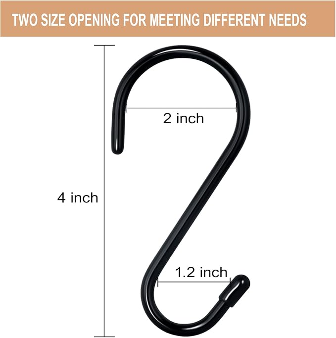 DINGEE 4 Inch 12 Pack S Hooks - Heavy Duty, Large Rubber Coated Black Non Slip Metal Hooks for Closet, Garden, Jeans, Plants, Jewelry, Pot, Pan, Cups, Towels