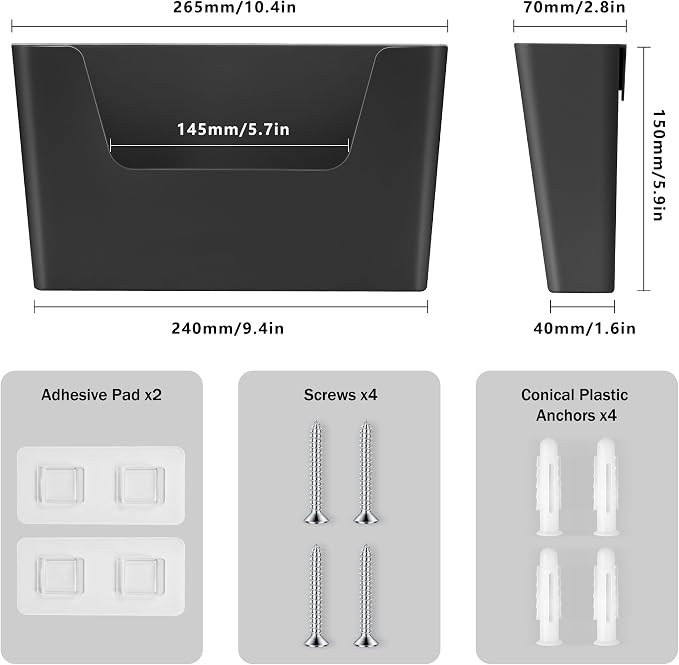 JOMOLA No Drilling File Holder 2 Pack Mail Organizer Wall Mount File Organizer Holder Office Wall Hanging Files Magazines Organizer Plastic Door Mount Wall Pocket with Adhesive Pad, Black Color
