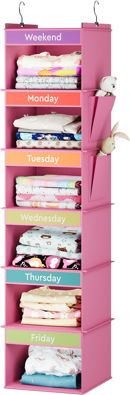 YOUDENOVA Weekly Clothes Organizer for Kids, Hanging Closet Organizer, Pink | Days of the Week Clothes Organizer, Reinforced Bamboo Slats, Kids' School Outfit Planning, Breathable Fabric, 2 Side Pockets