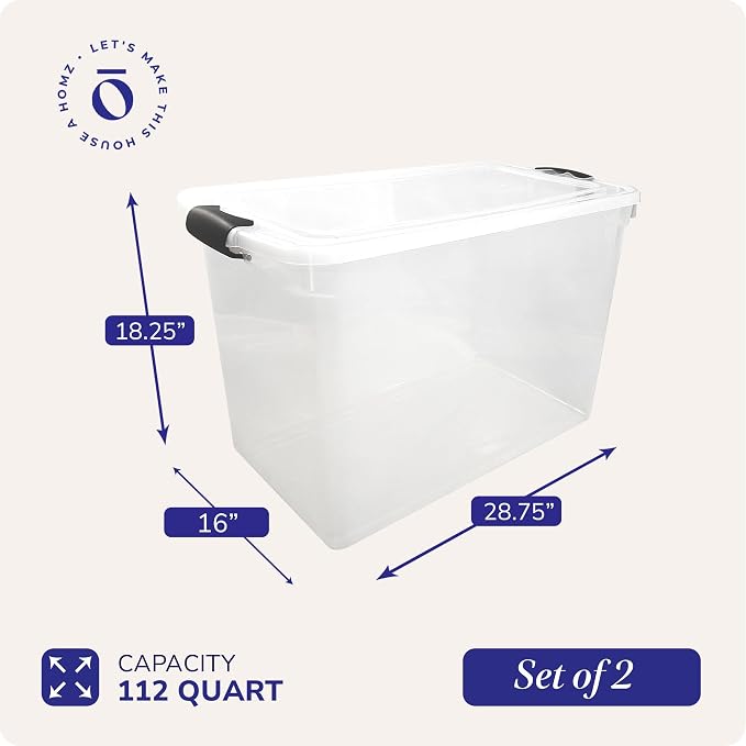 HOMZ 2-Pack Latching Lid, Large Clear Plastic Storage Bins w/Lids, 112 Quart, Gray Latch - Stackable Container Boxes for Home, Bathroom, and Office Organization