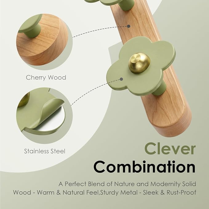 Tindbea Upgreded Heavy Duty Coat Rack Wall Mount for Entryway, Kids' Room | Cheery Wood, Green, 5 Hooks