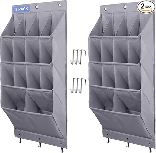 FENTEC 2 Pack Over the Door Shoe Organizer, Hanging Shoe Organizer Rack,24 Large Pockets and 4 Larger Storage Various Compartments with 6 Hooks, Home Accessories, Grey