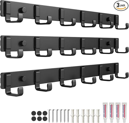16-Inch Wall Mount Coat Rack with 6 Hooks, Compact Hooks for Hanging Coats, Hats, Bags and Purses in Entryway, Bedroom, Bathroom or Closet, Install with Strong Glue or Screws (3-Pack)