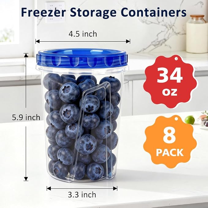 8 Pack 34oz Reusable Freezer Storage Containers with Twist Top Lids Airtight, Clear Plastic Soup Freezer Containers, Quart Food Storage Containers with Lids for Fruit Meal Prep Leftover Lunch Salad