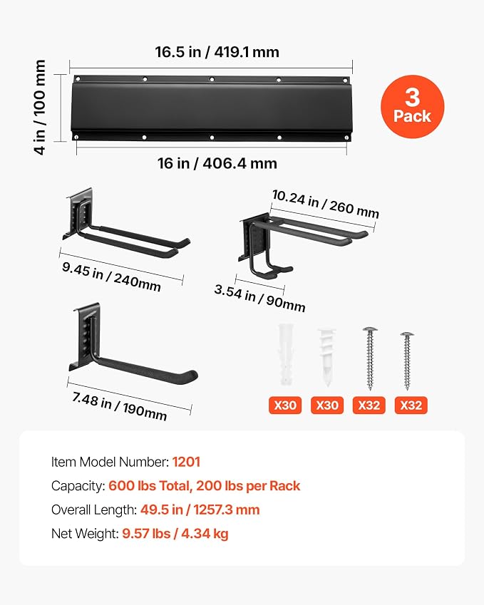 VEVOR Garage Tool Organizer 49.5 Inch 600 lbs Wall Mount Garden Tool Rack, Heavy Duty Garage Hanging Storage Rack Organization with 3 Rails and 9 Adjustable Hooks, for Yard Tools, Shovel, Rake, Shed