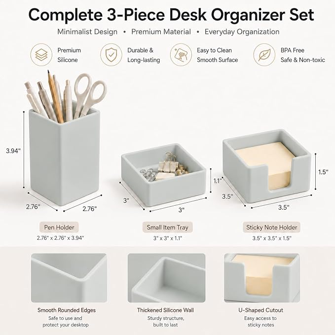minimaliving Aesthetic Silicone Desk Organizer Set of 3,Modern Office Desk Accessories with Pen Holder,Paperclip Tray,Sticky Note Holder,Stylish Functional Office Desk Decor for Back-to-school(Grey)