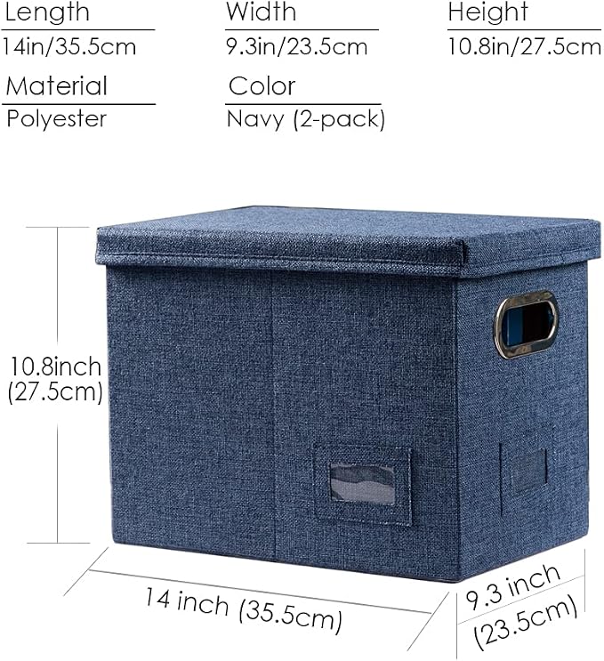 File Organizer Box - Set of 2 Collapsible Decorative Linen Filing Storage Hanging File Folders with Lids Office Cabinet Letter Size Navy Blue (14x9.3x10.8 inch)
