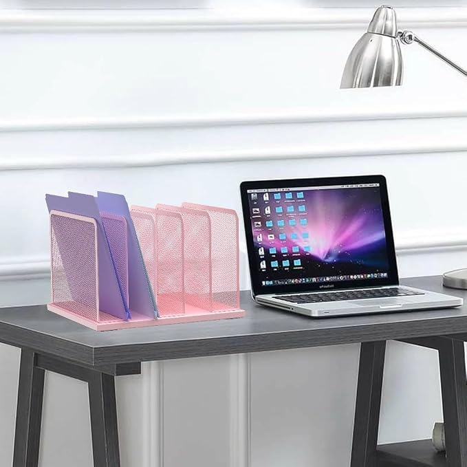 Kuntine.B 5-Section Upright Desk File Organizer Pink 1 Pack | Vertical, Mesh, Metal, Assembly, Stability, Sturdiness, Organization, Standing