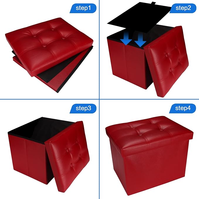 Bsketa Storage Ottoman, Folding Foot Stool with Thicker Foam Padded Seat Small Leather Storage Ottoman Bench Foot Rest for Living Room Foldable Coffee Table 17x13x13in,Red | Ottoman with Storage, Thicker Foam Padded Seat, Living Room, Dorm, Bedroom, Lo...