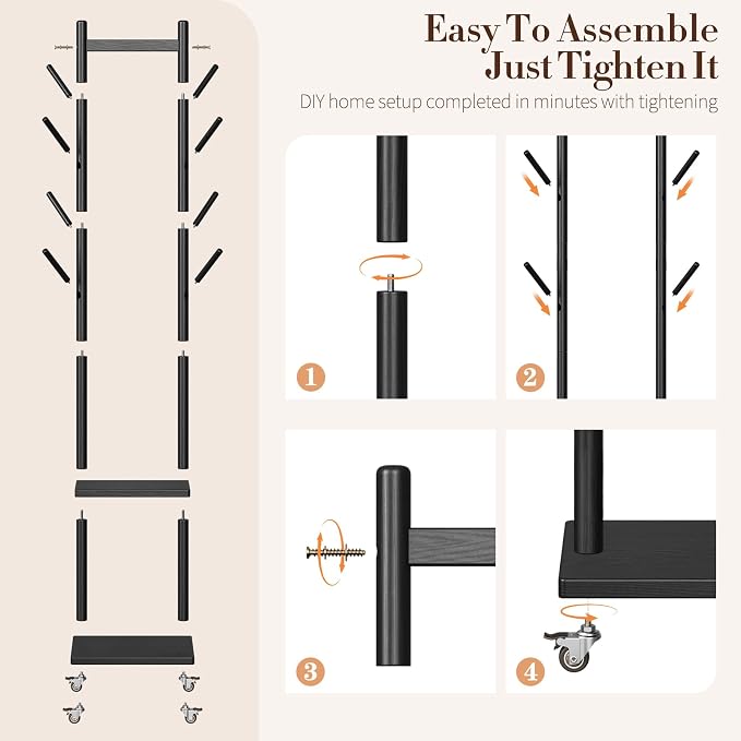 Yoobure Solid Wood Coat Rack Freestanding - Rolling Clothes Rack with 8 Hooks & Shelves, Small Clothing Rack with Wheels, Heavy Duty Clothing Racks for Hanging Clothes, Portable Hall Tree for Entryway
