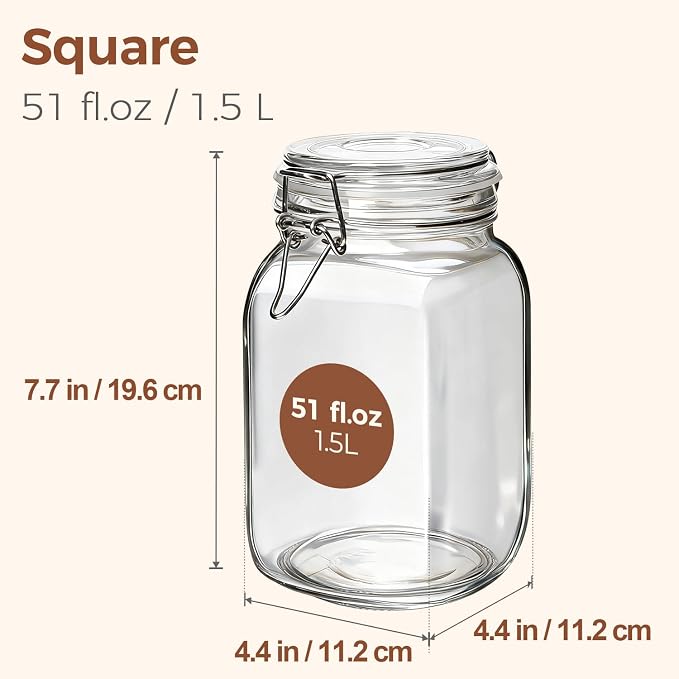 ComSaf Square Glass Jars with Airtight Lids 51 oz 3 Pack Wide Mouth | Flour sugar rice, Kimchi pickling, Sourdough pickling, Pantry organization, Dry food storage, Kitchen storage canister