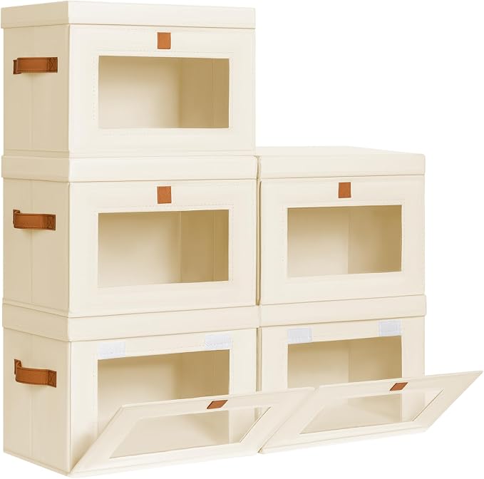 Homsorout Medium Fabric Storage bins - Collapsible Storage Bins with Open Window, 5 Pack Closet Baskets for Shelves, Stackable Decorative Boxes for Home, Dorm, Beige, 13.7"x 9.8" x 9.8"