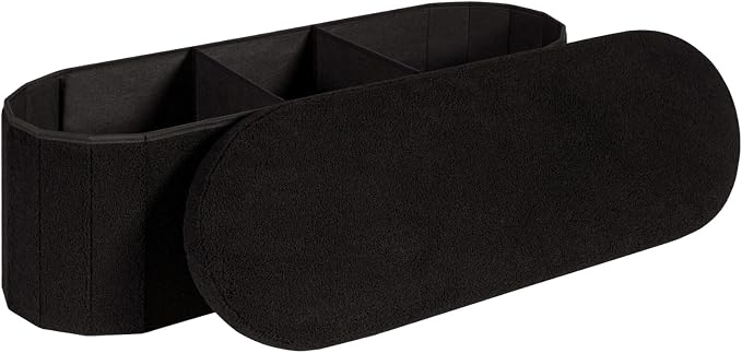 43.3 Inches Foldable Storage Ottoman Bench, Oval Footrest | Teddy Boucle Fabric, Hidden Storage, Soft Padded Seat, End Of Bed Bench For Bedroom, Living Room and Entryway, Black