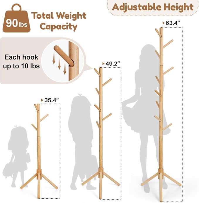Cozivolife Kid's Coat Rack Stand: Height Adjustable with 9 Hooks (Natural) | Beech Wood Coats Tree for Cloth Hats and Handbags - Freestanding Child Clothes Racks for Hallway Entryway Bedroom