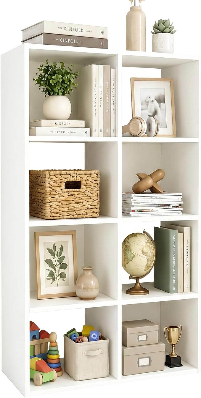 WannabeMyself【Sturdy Build&Easy Assembly】 8 Cube Storage Organizer with Anti-Tipping Kits,Reversible Open Back Book Shelf, Bookcase for Living Room,Bedroom,Entrance Hall,Office,24.1×11.4×47.7,White