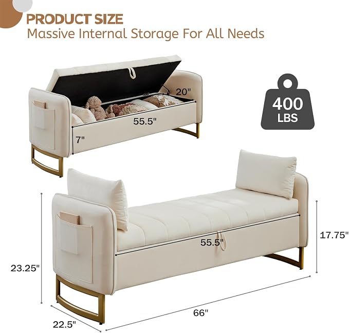 66" End of Bed Storage Bench King Size, Velvet Storage Benches for Bedroom Foot of Bed, Upholstered Storage Ottoman Bench with Golden Legs and Pillow for Living Room Window Entryway, Cream
