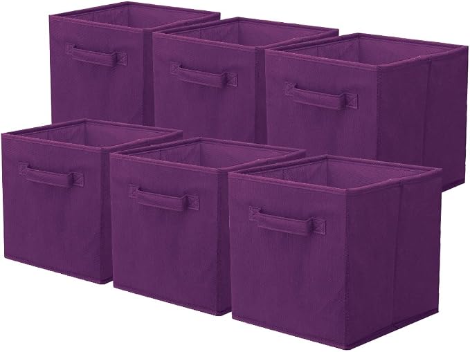 PowerKing Collapsible Storage Cubes, Farbic Storage Bins, DarkPurple, 6Pack | Sturdy, Lightweight, Easy Pull Handle, Closet & Shelf Organizer, Clothes and Toys Storage, 10.5'' x 11'' x 10.5''