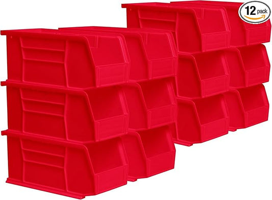 Akro-Mils 30230 AkroBins Plastic Storage Bins, 11"x5"x5", Red, 12-Pack | Space-Saving Stackable Bins for Garage, Pantry, Craft Organization