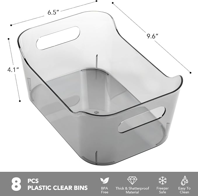 Tiawudi 8 Pack Plastic Storage Bins, Clear Pantry Organizers and Storage Containers, Multi-Use Organizer Bins for Kitchen, Bathroom, Office, Shelf, Fridge, Home Edit and Cabinet Organizers