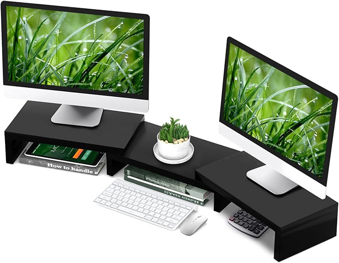 TAVR Monitor Stand Riser, Office Desktop Organizer Stand for 2 Monitors | Adjustable Length and Angle 3 Shelf, Extra Long Multifunctional Wooden Stand up to 43.3" fit Computer, Laptop, TV, Black