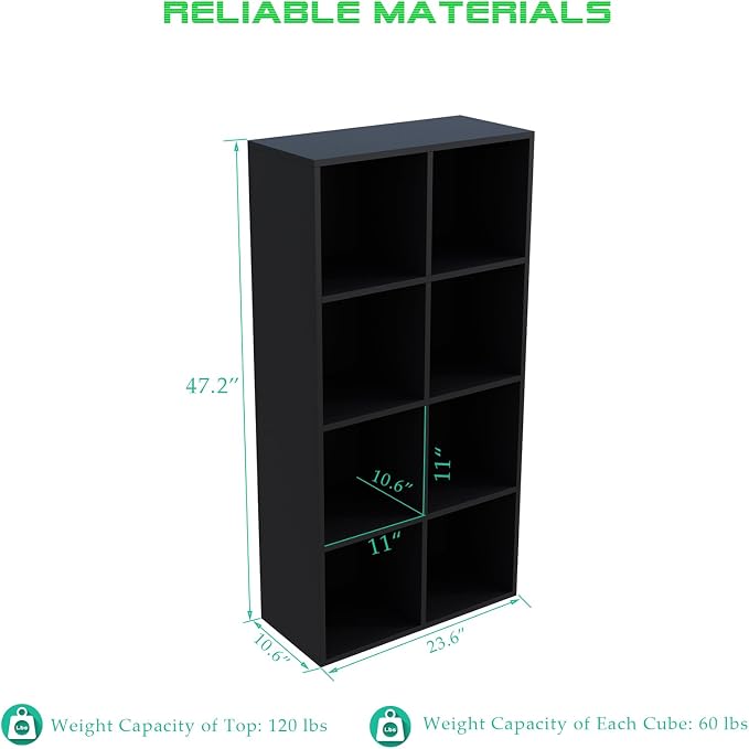 OSCHF 8-Cube Storage Shelf Bookcase, Black | Wooden 4-Tier Open Bookshelf, Fits 11×11" Bins, Vertical or Horizontal Use, Full Back Panels, For Home Office