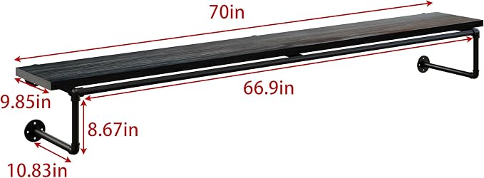Clothes Rack 70in, Wall Mounted Garment Racks with Real Black Wood Shelf, Heavy Duty Hanging Clothes Rack, Multi-Purpose Hanging Rod, Space-Saving Closet Storage