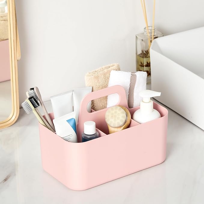 Multiuse Caddy Organizer with Handle, Portable Divided Plastic Tote Bin - Art Craft, Stationary Pen Marker Crayons, Makeup Hair Supplies Storage - Bathroom, Classroom, Dorm, Office, Desk Holder - Pink