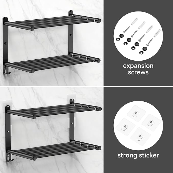 CAXIMSY Black Adjustable Towel Bar for Bathroom Wall Mount17-30.7inch Adhesive Shower Towel Rack Stainless Steel Bath Towel Holders for Toilet Kitchen Double Towel Hanger (Black Double Towel Rack)