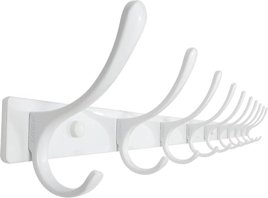 SKOLOO Wall Mounted Coat Rack - 10 Hooks, Heavy Duty, Stainless Steel, Metal Wall Hangers, Sturdy Coat Hooks for Hanging Coats, Jacket, Clothes, Hat, White