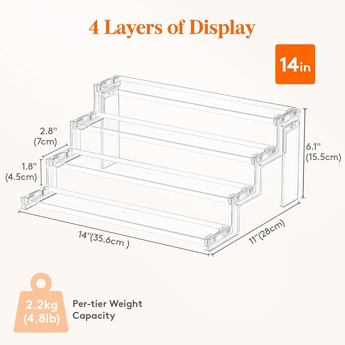 Lifewit Spice Rack, Perfume Cologne Organizer, Cupcake Stand, Tool-Free Assembly, Display Riser Shelf, Seasoning Figurine Makeup Holder, Room Decor, Kitchen Cabinet Storage, Clear, 14in-4 Tier, 1 Pcs