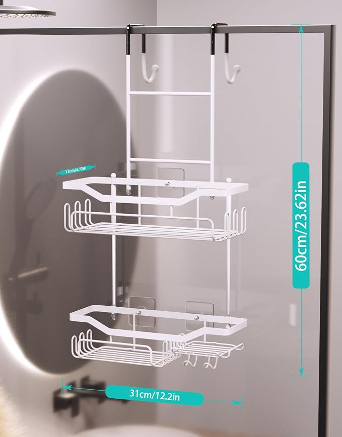 HapiRm Hanging Shower Caddy Over the Door with Soap Holder, No Drilling Adhesive Shower Organizer with 11 Hooks, Rustproof & Waterproof 304 Stainless Steel Bathroom Shelves - White