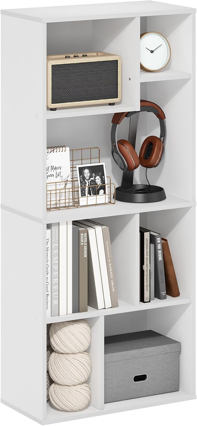 Furinno DALY Book Shelf, 7-Cube Bookshelf, Cube Storage Organizer Bookcase with Irregular Compartments, 9.4 x 18.9 x 42.1, for Living Room, Bedroom, Home Office, White