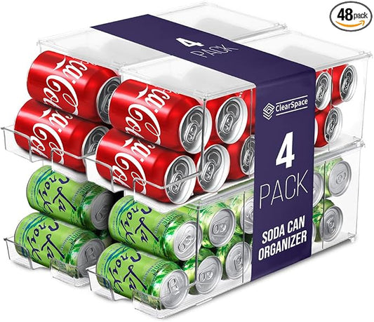 ClearSpace Soda Can Organizer & Soda Can Dispenser for Refrigerator - Fridge Organizer & Stackable Drink Organizer for Fridge, Can Organizer for Refrigerator - Holds 12 Cans Each, BPA Free - 4 Pack
