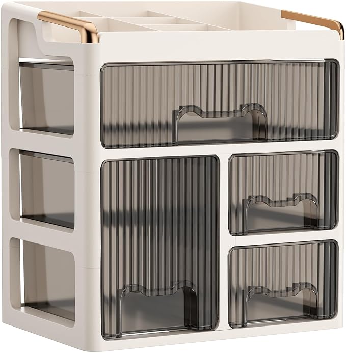 GearFusion Cosmetic Organizer, Makeup Storage Box with Drawers for Vanity, Plastic Beauty Countertop Cabinet with Clear Doors, Skincare, Perfume, Lipstick, Brush Holder for Dresser, Bathroom, Bedroom