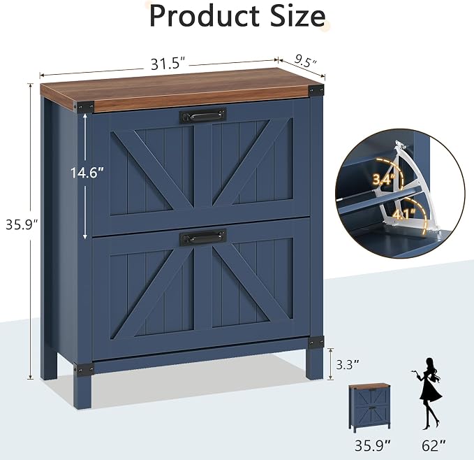 Fluted Shoe Cabinet Storage with 2 Flip Drawers for Entryway, Hallway | Narrow Shoe Rack Freestanding Shoe Organizer with Legs for Entryway，Hallway, Blue