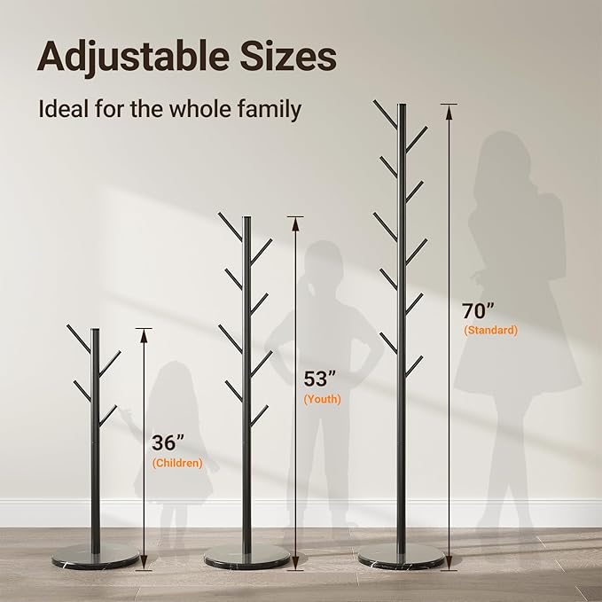 ELYKEN Coat Rack Freestanding, Metal Coat Rack with Natural Marble Base | 10 Hooks, 3 Adjustable Heights, Heavy Duty Coat Tree for Entryway, Hallway, Bedroom, Office, Black