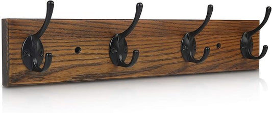 Coat Rack Wall Mounted, Wall Coat Rack with 4 Rustic Coat Hooks, 17” Entryway Ash Wood Coat Hanger Rail Hooks for Hanging Coats Hats, Perfect for Bedroom Bathroom Kitchen