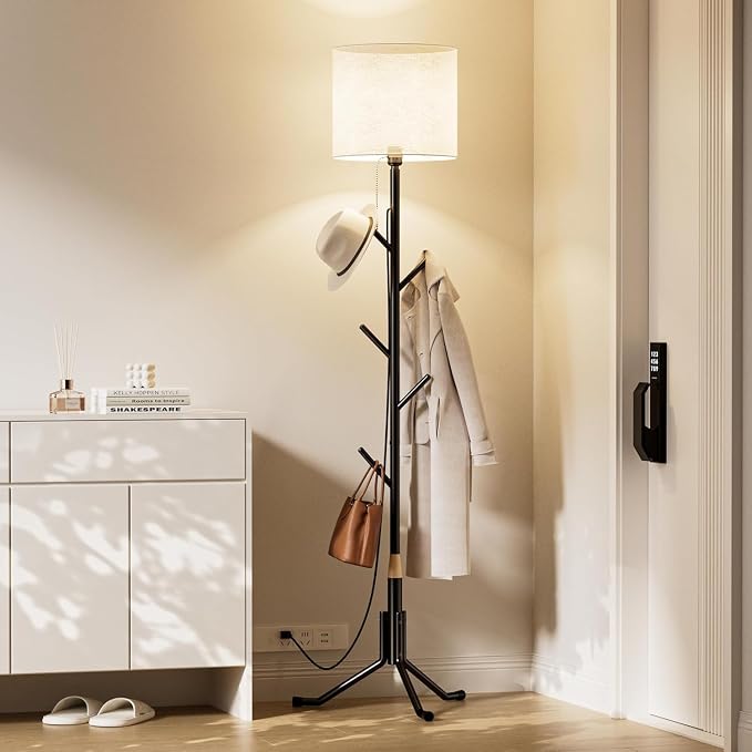 Freestanding Coat Rack Stand with LED Light, Metal Standing Floor Lamp, Hall Tree Clothing Hat Purse Bag Scarves Hanger with 5 Hooks for Bedroom, Hallway, Entrance, Entryway Office Organizer Furniture
