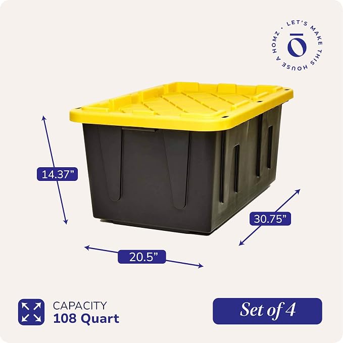 HOMZ 4-Pack Durabilt Tote, Heavy Duty Plastic Storage Bins with Lids, 27 Gallon, Black/Yellow - Stackable Organizing Containers for Home, Garage, and Office