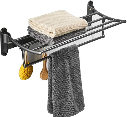 24 Inch Oil Rubbed Bronze Towel Racks, Bathroom Towel Shelf with Foldable Towel Bar Holder and Towel Hooks, Wall Mounted Multifunctional Bathroom Accessories, Double Towel Bars