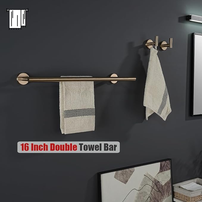 JQK Double Towel Bar Champagne Bronze, 19 Inch 304 Stainless Steel Thicken 0.8mm Towel Rack Bathroom, Towel Holder Wall Mount, Useable Length 16 Inch, TB100L16-CB
