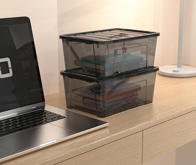 9-Pack Plastic Storage Bins with Lids, 6 Quart Stackable Organization Containers with Latch Buckle.Clear Black