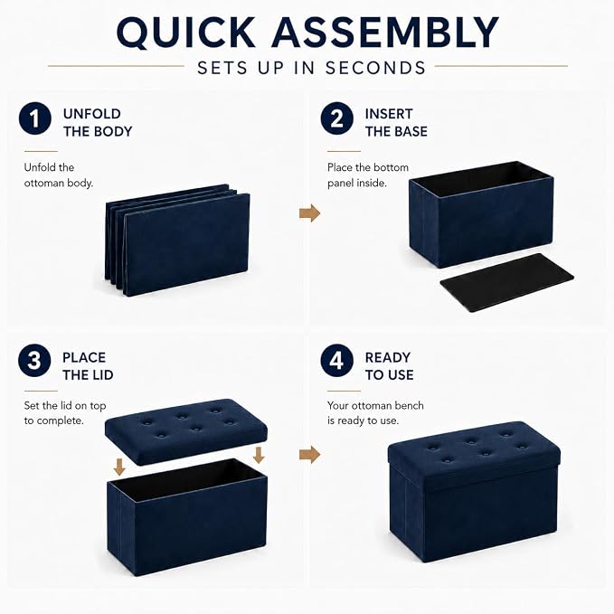 ALASDO 30 Inch Folding Storage Ottoman Bench with Hidden Storage, Velvet Storage Ottoman Foot Rest Stool, End of Bed Bench for Bedroom, Living Room, Entryway and Closet, Navy Blue