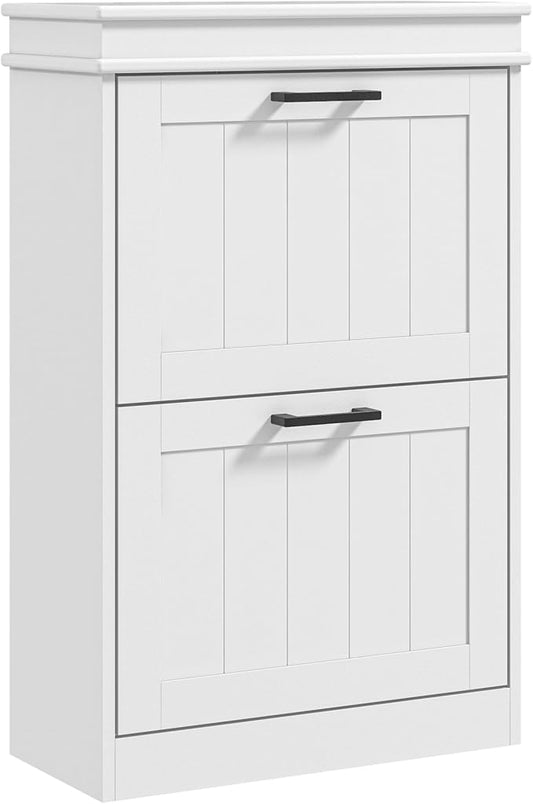 HOMCOM Narrow Shoe Cabinet with 2 Flip Drawers, Modern, for Entryway, White | Freestanding Small Shoe Storage Cabinet, Adjustable Shelves, Hallway