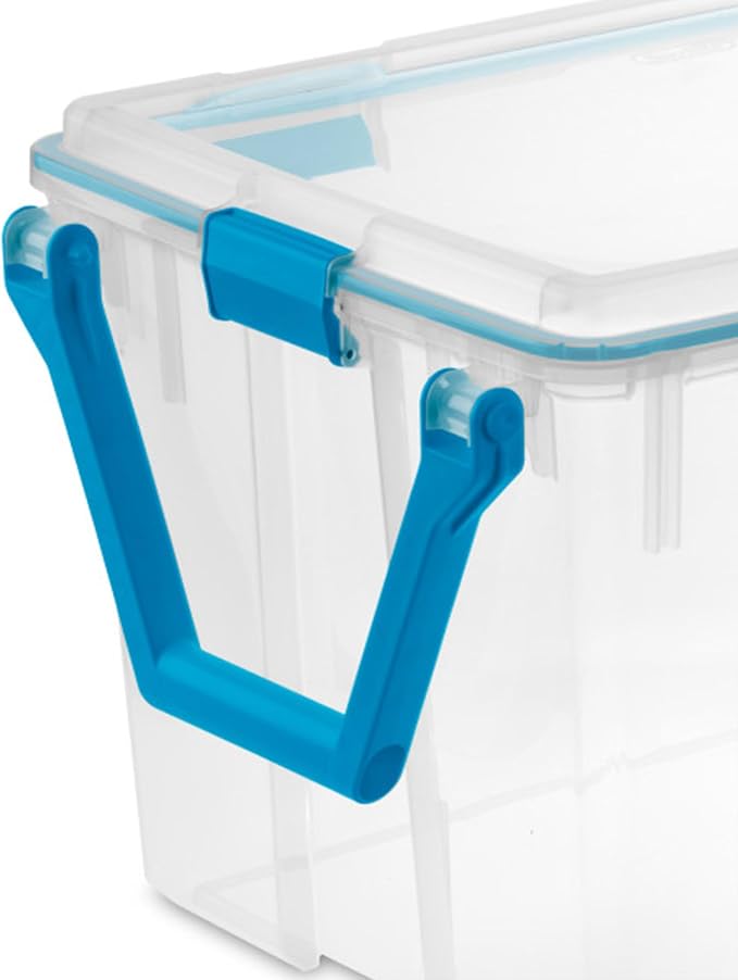 STERILITE 120 QT. Plastic Storage Container with Gasket Latch LID in Clear, 12-Pack | Heavy-Duty, Stackable, and Organizing Containers for Bathroom, Cabinet, Closet, and Garage, Clear and Blue Aquarium Latches